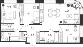 ЖК «Жилой квартал Shagal», планировка 3-комнатной квартиры, 94.50 м²