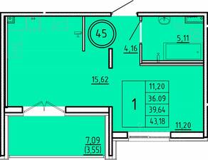 МЖК «Образцовый квартал 16», планировка 1-комнатной квартиры, 36.09 м²