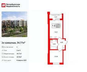 МЖК «Универ Сити», планировка 1-комнатной квартиры, 34.77 м²