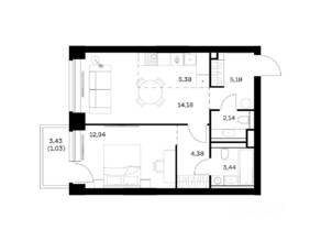 ЖК «Nova», планировка 1-комнатной квартиры, 48.67 м²