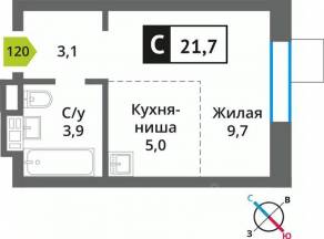 ЖК «Лесная Отрада», планировка студии, 21.70 м²