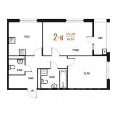 ЖК «Новое Летово», планировка 2-комнатной квартиры, 61.10 м²