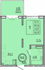 МЖК «Образцовый квартал 16», планировка 1-комнатной квартиры, 39.50 м²
