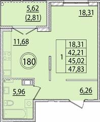 МЖК «Образцовый квартал 15», планировка 1-комнатной квартиры, 42.21 м²
