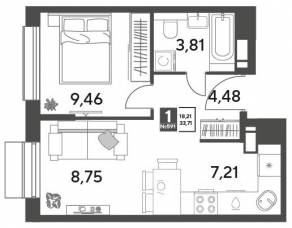 ЖК Арт-квартал «Публицист», планировка 1-комнатной квартиры, 33.71 м²