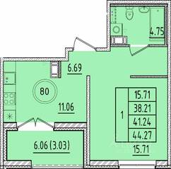 МЖК «Образцовый квартал 17», планировка 1-комнатной квартиры, 38.21 м²
