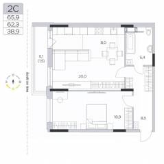 ЖК «Пироговская Ривьера», планировка 2-комнатной квартиры, 62.60 м²
