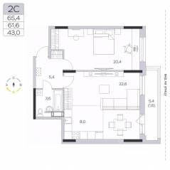 ЖК «Пироговская Ривьера», планировка 2-комнатной квартиры, 61.20 м²