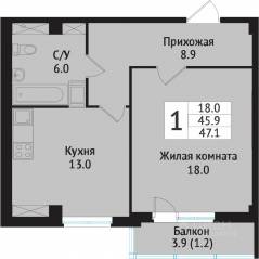 ЖК «Южная звезда», планировка 1-комнатной квартиры, 49.80 м²