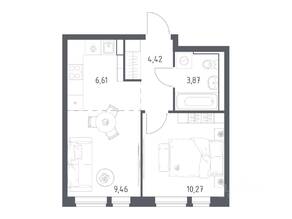 ЖК «Квартал Авиаторов», планировка 1-комнатной квартиры, 34.63 м²