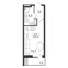 ЖК «Рубеж», планировка студии, 23.20 м²