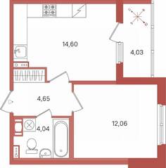 ЖК «Патио», планировка 1-комнатной квартиры, 37.37 м²