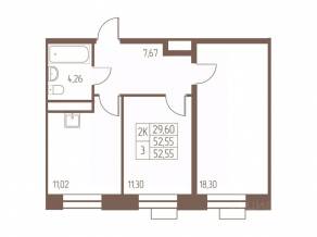 ЖК «Западная Ивантеевка», планировка 2-комнатной квартиры, 52.60 м²