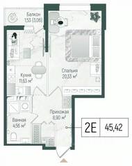 ЖК «Riga Hills», планировка 1-комнатной квартиры, 44.30 м²