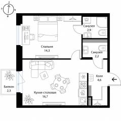 МЖК «Экография», планировка 1-комнатной квартиры, 41.40 м²