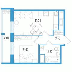 ЖК «Южный форт», планировка 1-комнатной квартиры, 32.92 м²