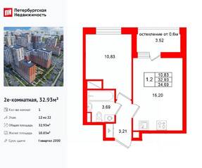 ЖК «Город звезд», планировка 1-комнатной квартиры, 32.93 м²