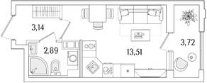 ЖК «Гранат», планировка студии, 21.40 м²
