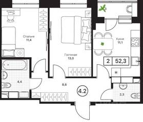 ЖК «Пушкино Град», планировка 2-комнатной квартиры, 52.30 м²