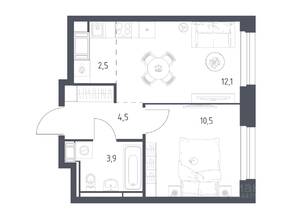 ЖК «Мытищи Парк», планировка 1-комнатной квартиры, 33.00 м²