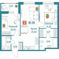 ЖК «Графика», планировка 2-комнатной квартиры, 61.16 м²
