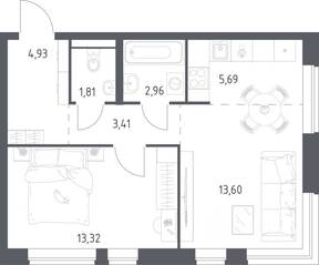 ЖК «Новое Видное», планировка 1-комнатной квартиры, 45.72 м²