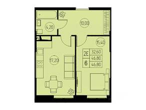 ЖК «31 квартал», планировка 2-комнатной квартиры, 46.80 м²