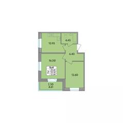 ЖК «Рождественский квартал», планировка 2-комнатной квартиры, 52.68 м²