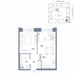 ЖК «Страна.Заречная», планировка 2-комнатной квартиры, 39.10 м²