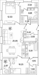 ЖК «БелАрт», планировка 2-комнатной квартиры, 77.10 м²