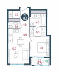 ЖК «Русич Кантемировский», планировка 1-комнатной квартиры, 42.00 м²