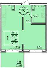МЖК «Образцовый квартал 16», планировка 1-комнатной квартиры, 38.26 м²