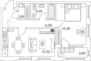 ЖК «Тайм Сквер», планировка 1-комнатной квартиры, 47.80 м²