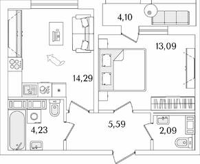 ЖК «Лайнеръ», планировка 1-комнатной квартиры, 41.34 м²
