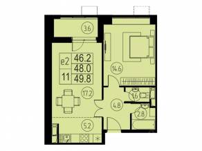 ЖК «River Park», планировка 2-комнатной квартиры, 48.00 м²