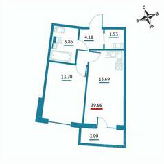 ЖК «Левитан», планировка 1-комнатной квартиры, 39.66 м²