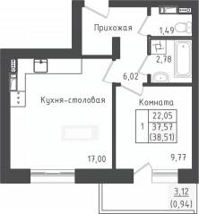 ЖК «Зеленый Оазис-Город», планировка 1-комнатной квартиры, 38.51 м²
