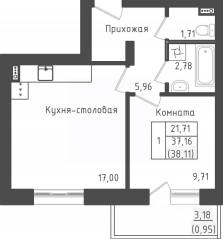ЖК «Зеленый Оазис-Город», планировка 1-комнатной квартиры, 38.11 м²
