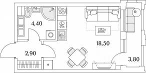 ЖК «Тайм Сквер», планировка студии, 27.70 м²
