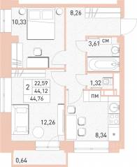 ЖК «Столичный», планировка 2-комнатной квартиры, 44.20 м²