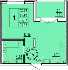 МЖК «Образцовый квартал 16», планировка 1-комнатной квартиры, 34.86 м²