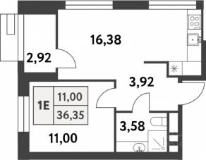 ЖК «Smart Garden», планировка 1-комнатной квартиры, 36.30 м²
