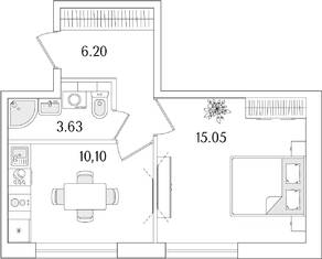 ЖК «Аурум», планировка 1-комнатной квартиры, 34.98 м²