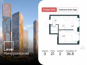 ЖК «Level Мичуринский», планировка 2-комнатной квартиры, 36.80 м²