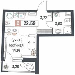 ЖК «Авиатор» (Девяткино), планировка студии, 22.59 м²