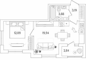 ЖК «Гранат», планировка 1-комнатной квартиры, 40.52 м²