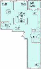 МЖК «Образцовый квартал 15», планировка 3-комнатной квартиры, 78.87 м²