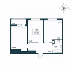 ЖК «Расцветай в Янино», планировка 2-комнатной квартиры, 58.50 м²
