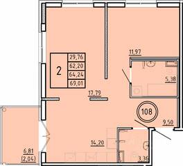 МЖК «Образцовый квартал 16», планировка 2-комнатной квартиры, 62.20 м²