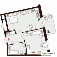 МЖК «Лисино», планировка 1-комнатной квартиры, 44.06 м²